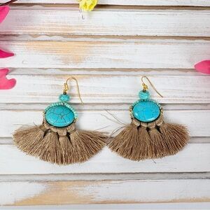 Nakamol Boho Chic Handbeaded Turquoise Stone and Brown Fringe Earrings NWT